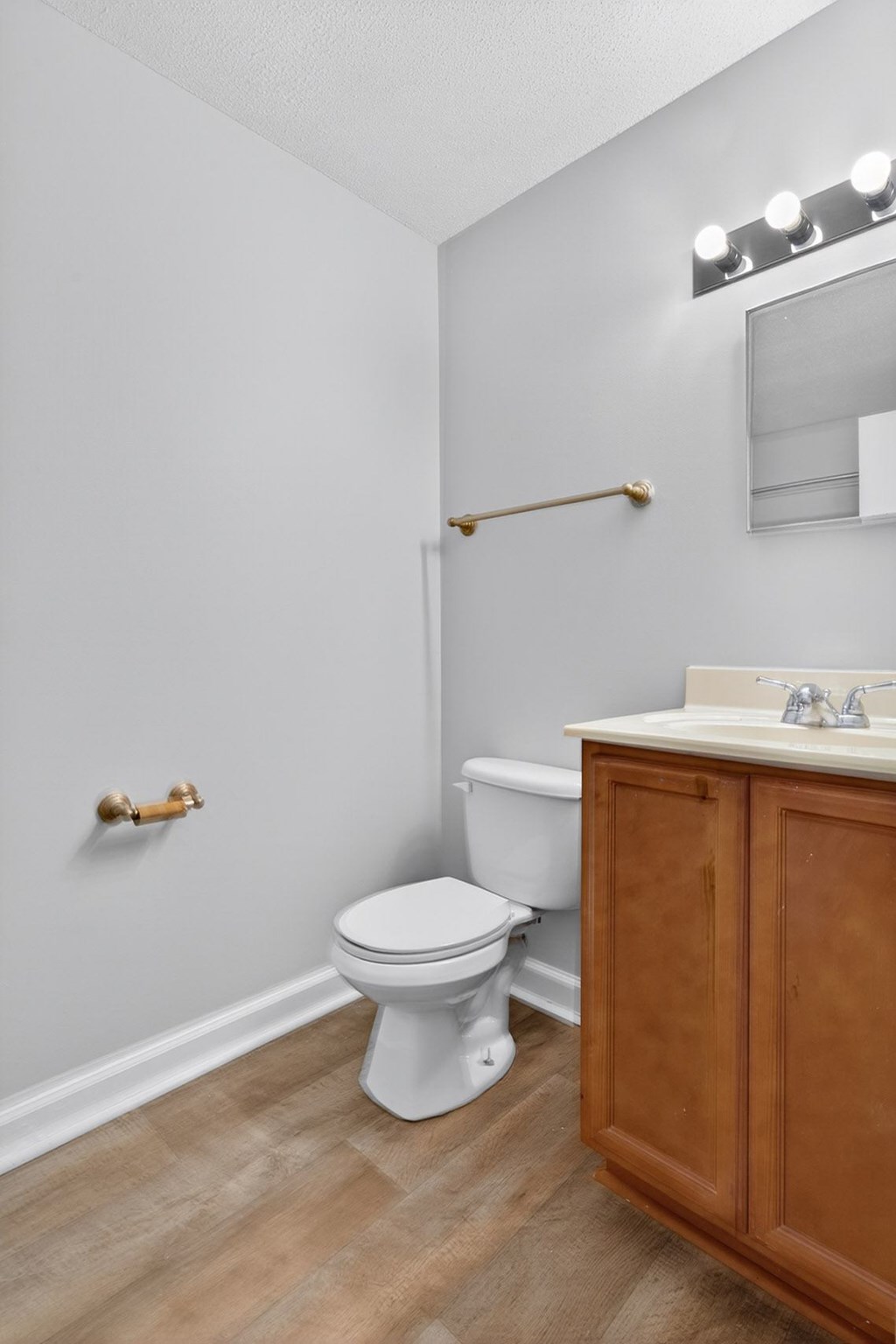 A white toilet sits in a bathroom with a wooden cabinet and a mirror above it at The Landing Townhomes Apartments, Hanahan, SC, 29410