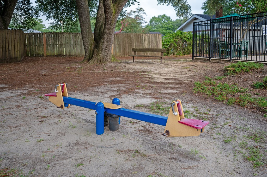 A seesaw in a backyard with a blue seat and a pink seat at Woodlocke Apartments, Moncks Corner 27461