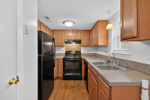 A kitchen with a black refrigerator and stove.