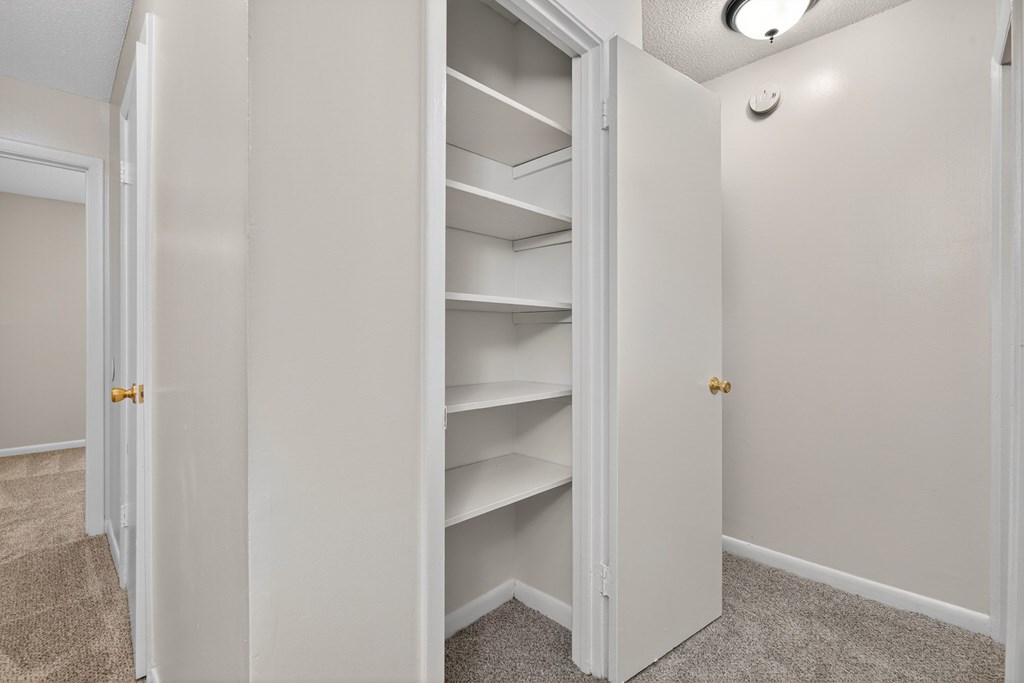 A white closet with shelves and a carpeted floor at Woodlocke Apartments, South Carolina