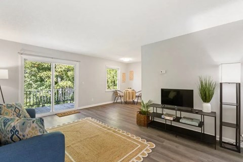 A living room with a blue couch and a television.