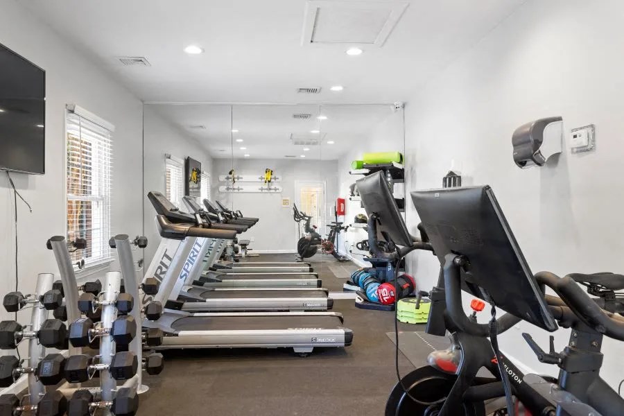 A gym with treadmills, dumbbells, and exercise bikes.