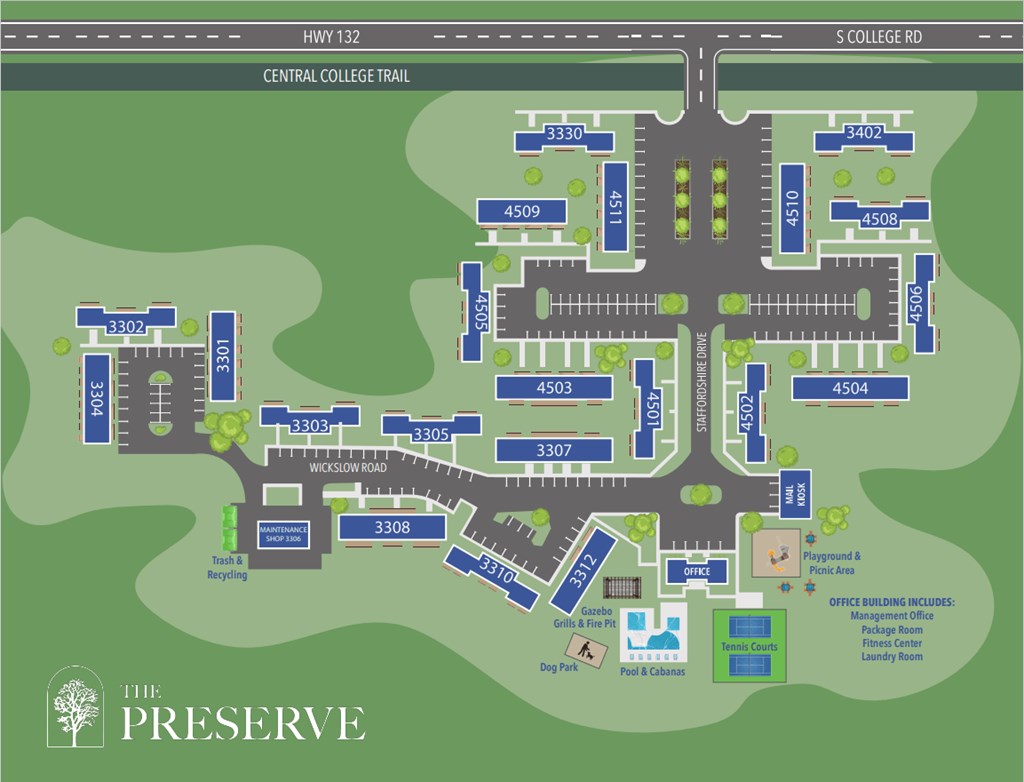 A map of a college campus with roads and buildings labeled.