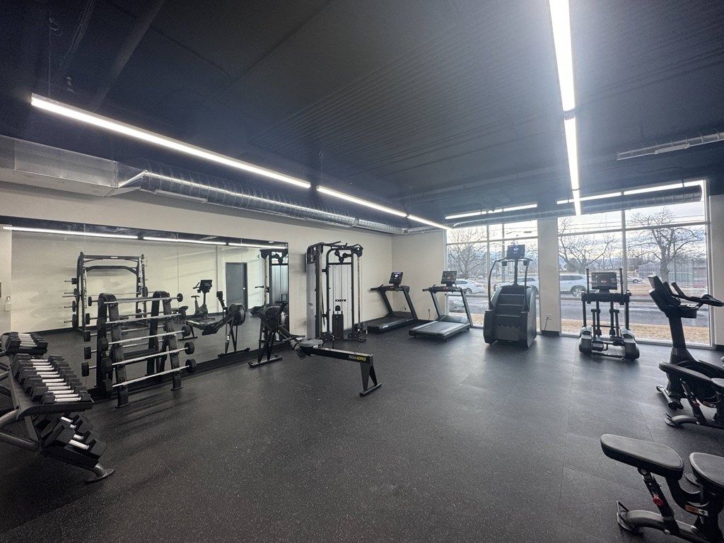 A gym with a variety of equipment including treadmills, weights, and exercise machines.