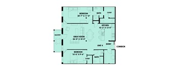 A floor plan of a house with a balcony, two bedrooms, a kitchen, a bath, a great room, and an entry.