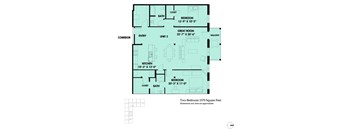 A floor plan of a two bedroom apartment with a total area of 1570 square feet.