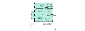 A floor plan of a two bedroom apartment with a balcony.