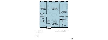 A floor plan of a two bedroom apartment with a kitchen and bathrooms.