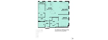 A floor plan of a two bedroom apartment with a kitchen and bath.
