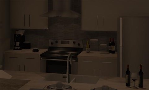 A kitchen with a stove and a wine bottle.