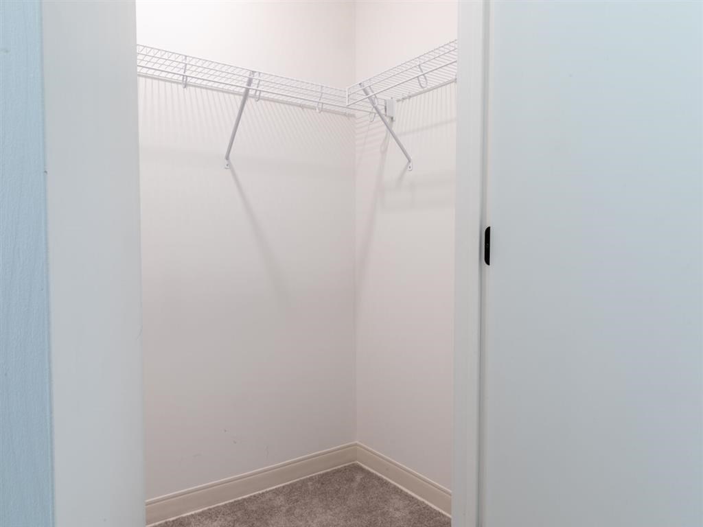A white closet with a carpeted floor and a door on the right.