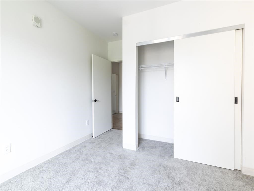 A white room with a carpeted floor and two white doors.
