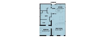 A blueprint of a house layout with labeled rooms such as a kitchen, bath, and bedroom.
