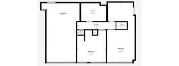 A floor plan of a house with a living room, kitchen, bathroom, and bedroom.