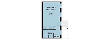 A floor plan of a living space with a bathroom and closet.