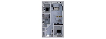 A 3D rendered image of a small apartment layout.