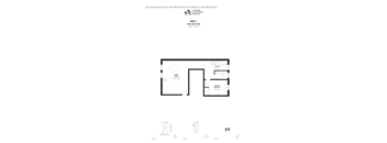 A floor plan of a one bedroom apartment with a kitchen and bathroom.