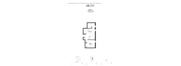 A floor plan of a one bedroom apartment with a kitchen and living room.