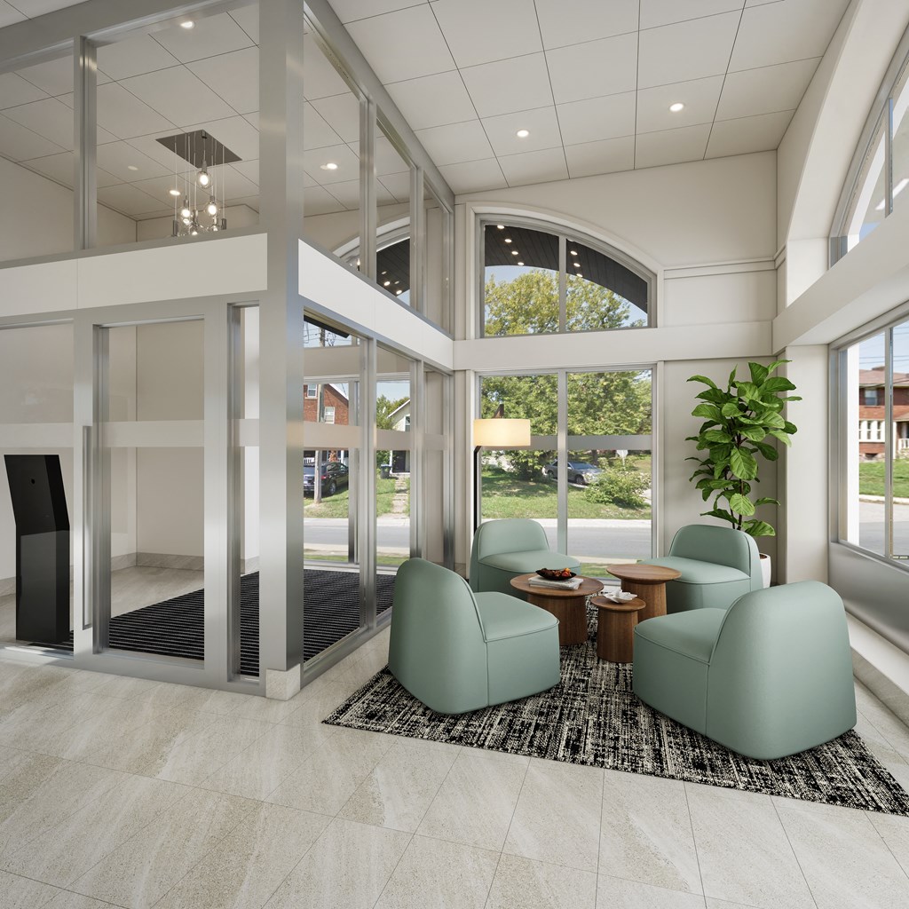 A modern living room with a glass door entrance.