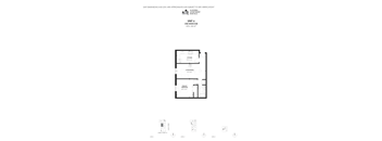 A floor plan of a one bedroom apartment with a kitchen and a bathroom.
