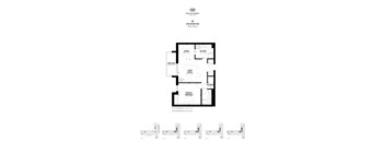 Floor plan of a One Hundred Hall residence showing the layout of the living room, dining room, kitchen, and bathroom.