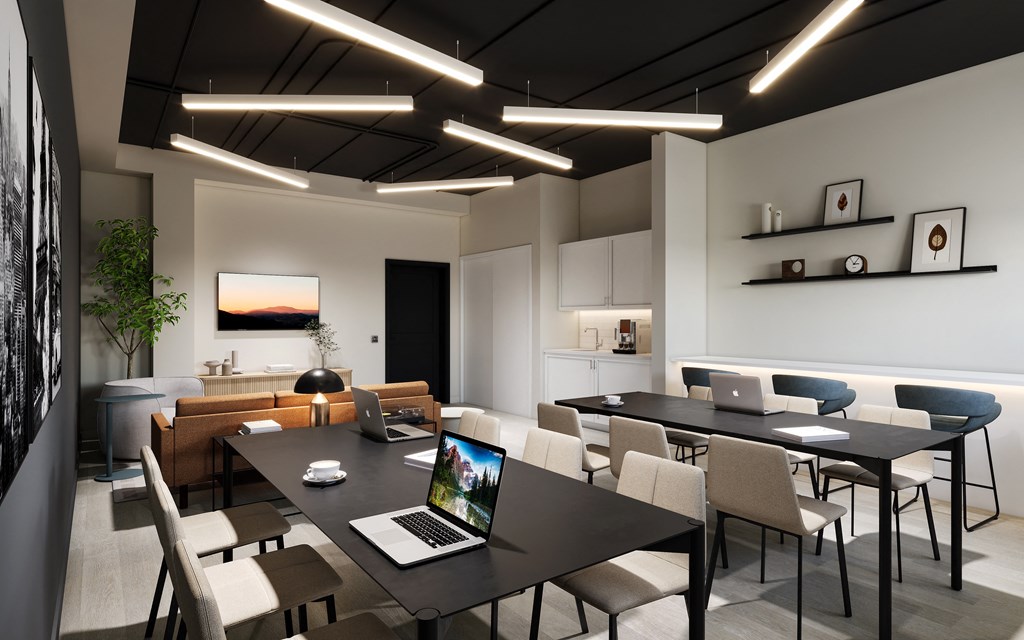A modern conference room with a long table and chairs, a laptop on the table, and a plant in the corner.
