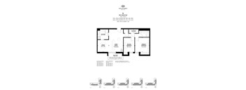 A floor plan for a One Hundred Hall residence shows a two-bedroom suite with a living room, dining room, kitchen, and storage.