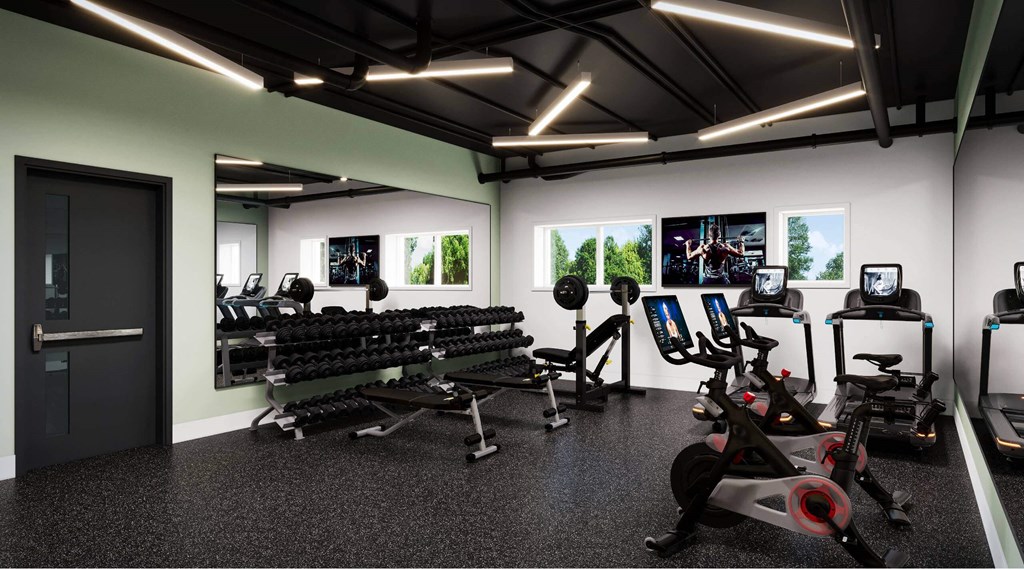 A gym with a row of treadmills and elliptical machines.