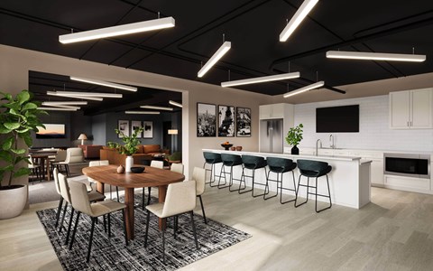 A modern dining area with a wooden table and chairs.