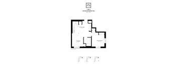 A floor plan of a one bedroom apartment with a washroom and a living area.