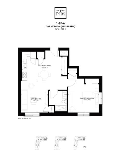 A floor plan of a one bedroom apartment with a washroom and a living area.