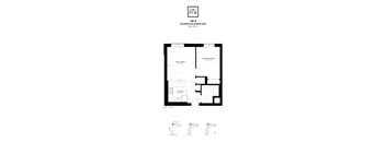 A floor plan of a one bedroom apartment with a living and dining area, a kitchen, and a master bedroom.