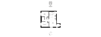 A floor plan of a two-bedroom apartment with a living room, kitchen, and bathroom.
