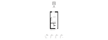 A floor plan for a studio apartment is displayed with labeled rooms and dimensions.