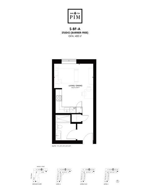 A floor plan for a studio apartment with a kitchenette and living room.