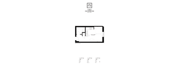 A floor plan for a studio apartment is shown with living and dining areas.