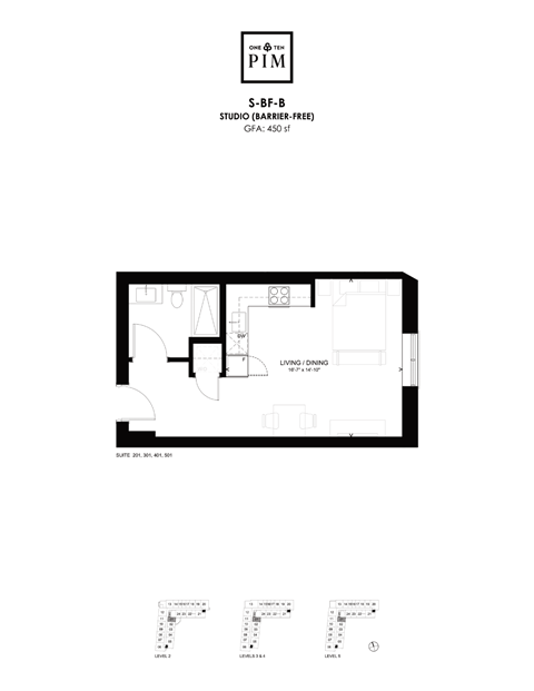 A floor plan for a studio apartment is shown with living and dining areas.