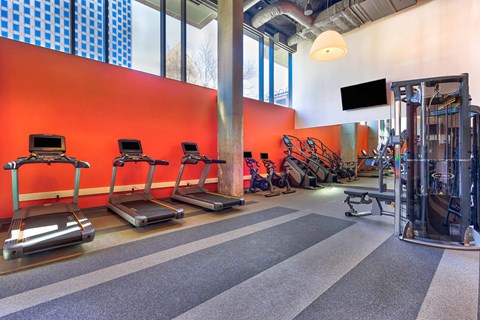 A gym with treadmills, weights and a television.