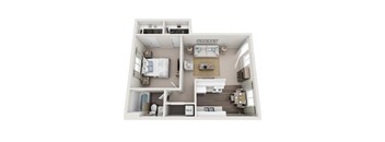 A 3D floor plan of a small apartment with two bedrooms and a kitchen.