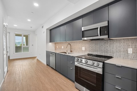 A modern kitchen with dark grey cabinets and stainless steel appliances.