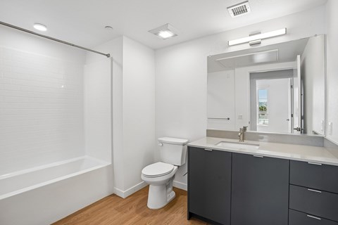 A white toilet sits in a bathroom next to a sink and a bathtub.