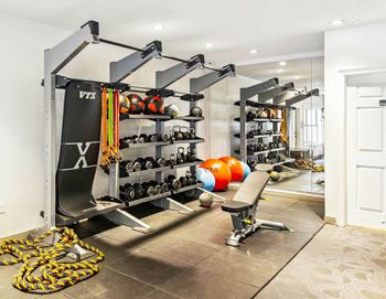 A home gym with a weight rack, dumbbells, and exercise balls.at Onyx183, Austin, TX 78729  
