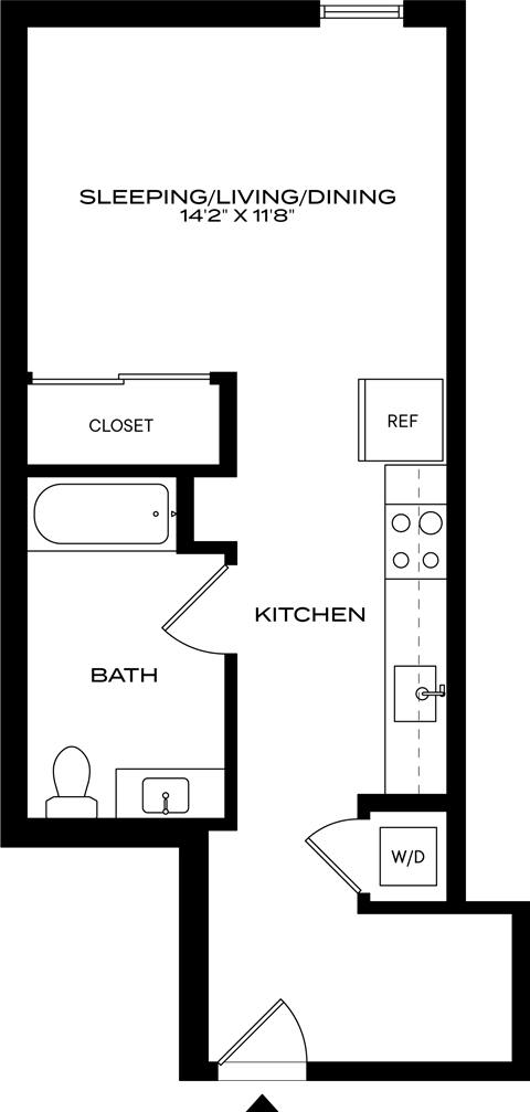 A floor plan of a small apartment with a sleeping area, kitchen, bathroom, and closet at 1915 Park, Los Angeles, CA 90026