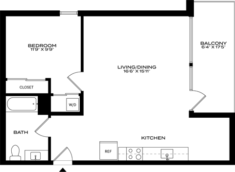 A floor plan of a home with a bedroom, living/dining area, kitchen, bathroom, and closet at 1915 Park, Los Angeles, CA 90026