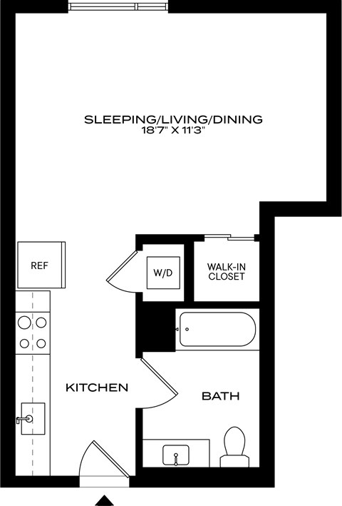 A floor plan of a small apartment with a sleeping area, kitchen, bathroom, and a walk-in closet at 1915 Park, Los Angeles, CA 90026