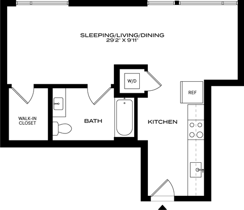 A floor plan of a bedroom with a sleeping area, a bathroom, a kitchen, a walk-in closet, and a reference area at 1915 Park, Los Angeles, CA 90026