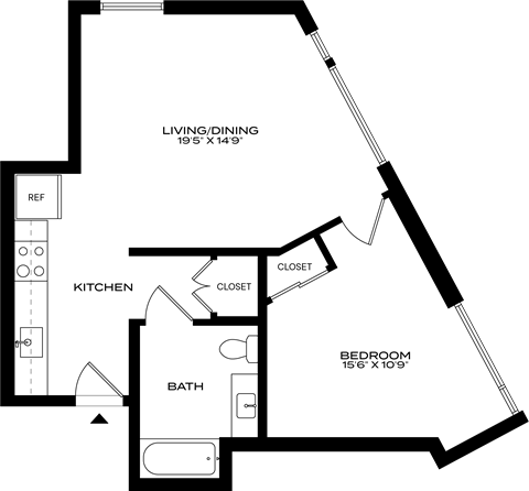 A floor plan of a house with a living/dining area, kitchen, bath, and bedroom at 1915 Park, Los Angeles, CA 90026