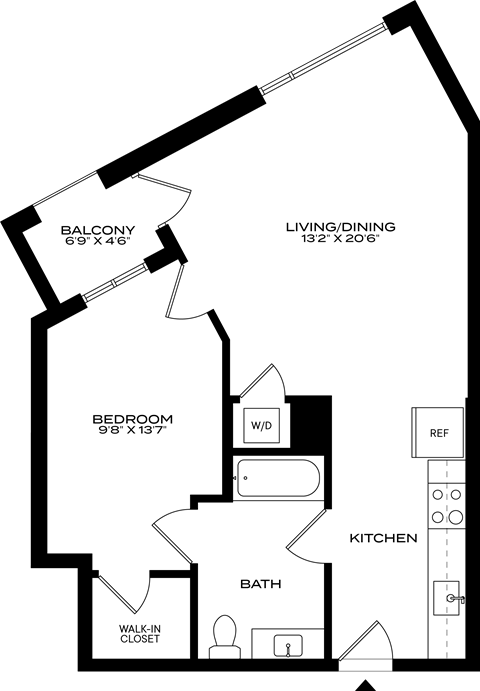 A floor plan of a house with a balcony, living/dining area, kitchen, bathroom, bedroom, and walk-in closet at 1915 Park, Los Angeles, CA 90026