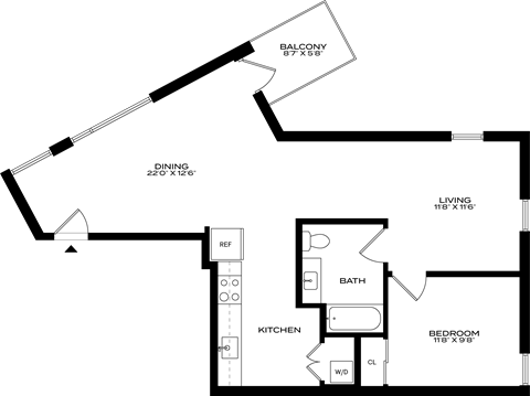 A floor plan of a house with a dining area, kitchen, bathroom, and bedroom at 1915 Park, Los Angeles, CA 90026