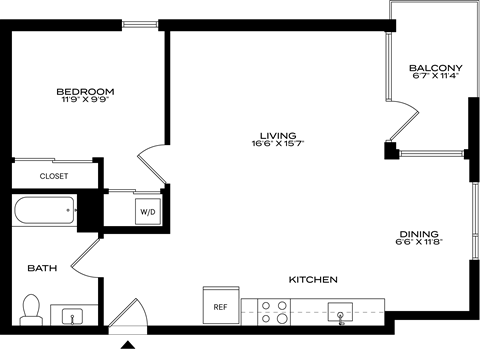 A floor plan of a house with a bedroom, bathroom, living room, dining room, kitchen, and a balcony at 1915 Park, Los Angeles, CA 90026